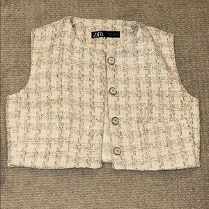 Zara Ivory and Silver Metallic Tweed Buttoned Vest
